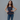Female wearing a Indigo  Color Blue Flower Print Western Style Boat Neckline Pure Cotton Tunic